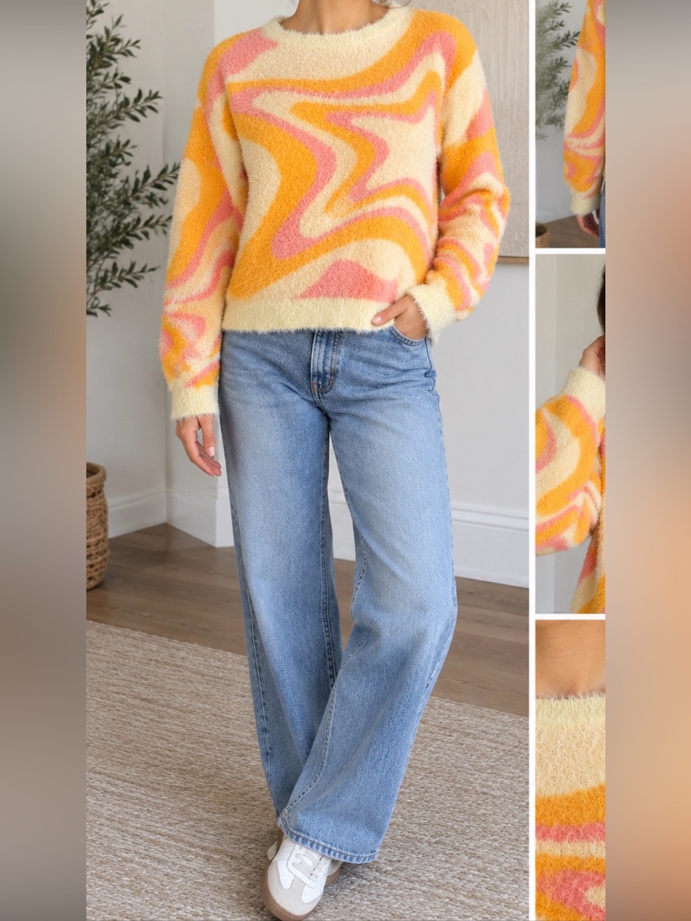Cider Fuzzy Sweater Women’s Medium Colorful Abstract Pink Orange Cream Knit